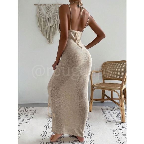 Beige Knit Coverup Dress Tie Straps Long Form Fitting Maxi Deep V-Cut - Picture 3 of 11